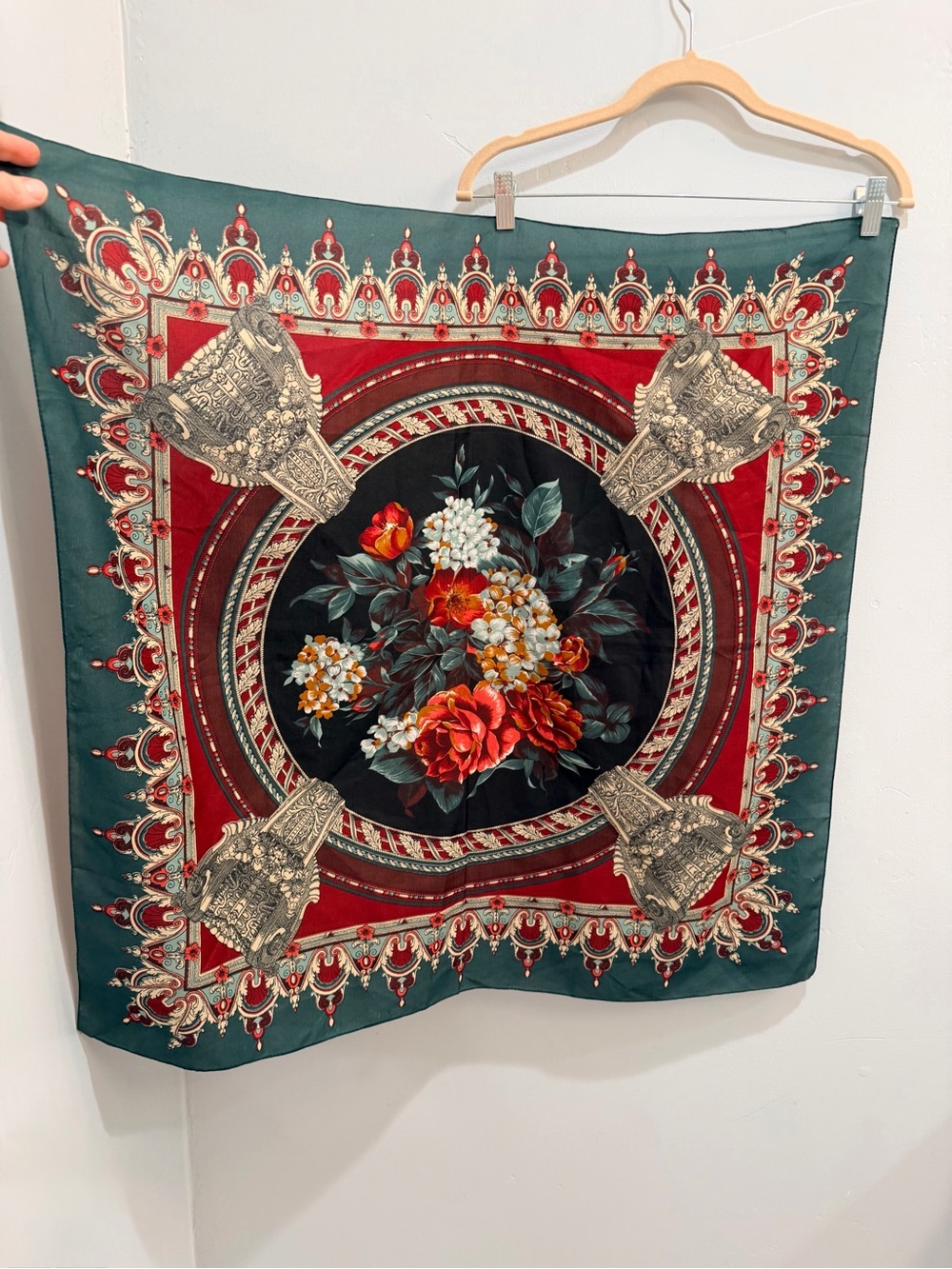 Vintage 80s Baroque Renaissance Floral Square Scarf Green Red Cream Gold Cottage - Picture 4 of 12